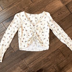 Urban Outfitters cinched floral print long sleeve blouse - cream - size xs